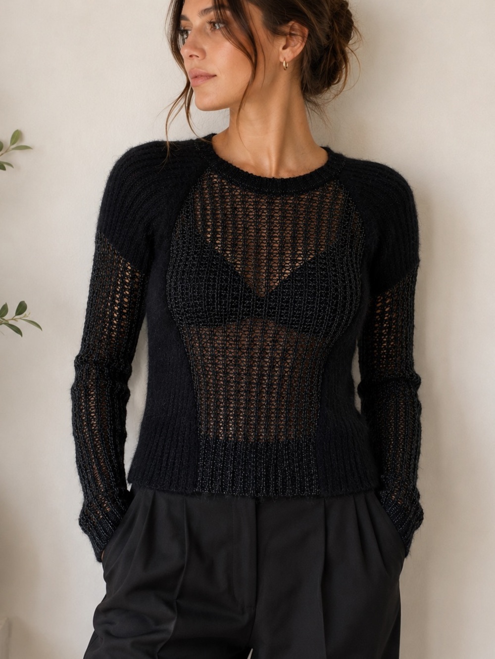 The Fisher Project by Eileen Fisher black mixed-texture open-knit sweater XXS